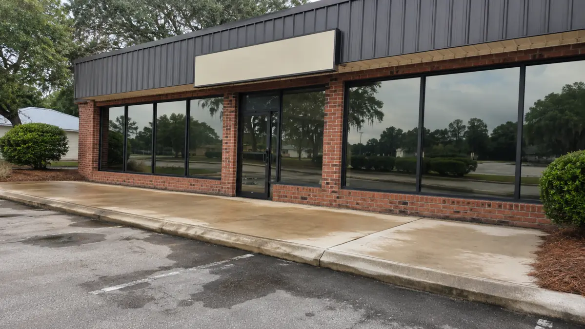 Brick storefront and concrete sidewalk after commercial exterior cleaning in South Georgia